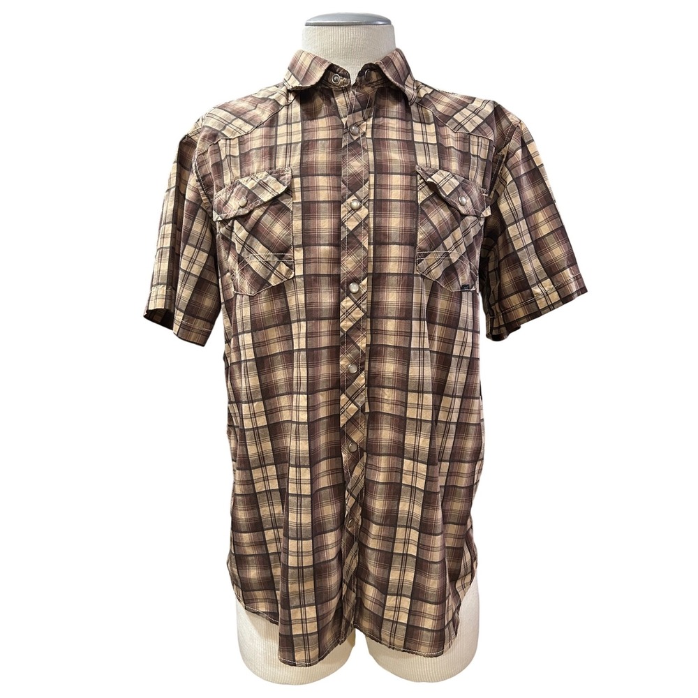 Coastal Mens Western Pearl Snap Shirt Large Brown Plaid Short Sleeve
